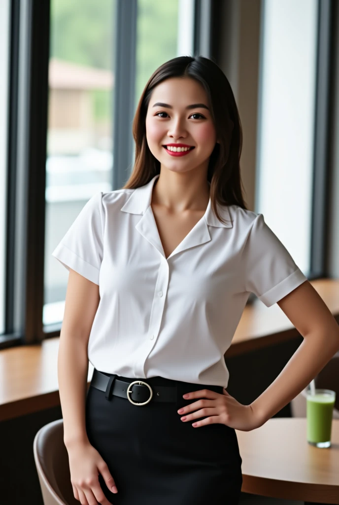 Full body image of a 20-year-old a Thai woman with a bright smile, woman standing casually at a table indoors, wearing a white blouse short sleeves and a black pencil skirt with a black belt. She is wearing Mary Jane shoes with short white socks. exuding a cheerful and relaxed vibe. A glass of green smoothie sits on the table beside her. The background shows a softly blurred interior with large windows and natural light streaming in. Image wide angle shot.