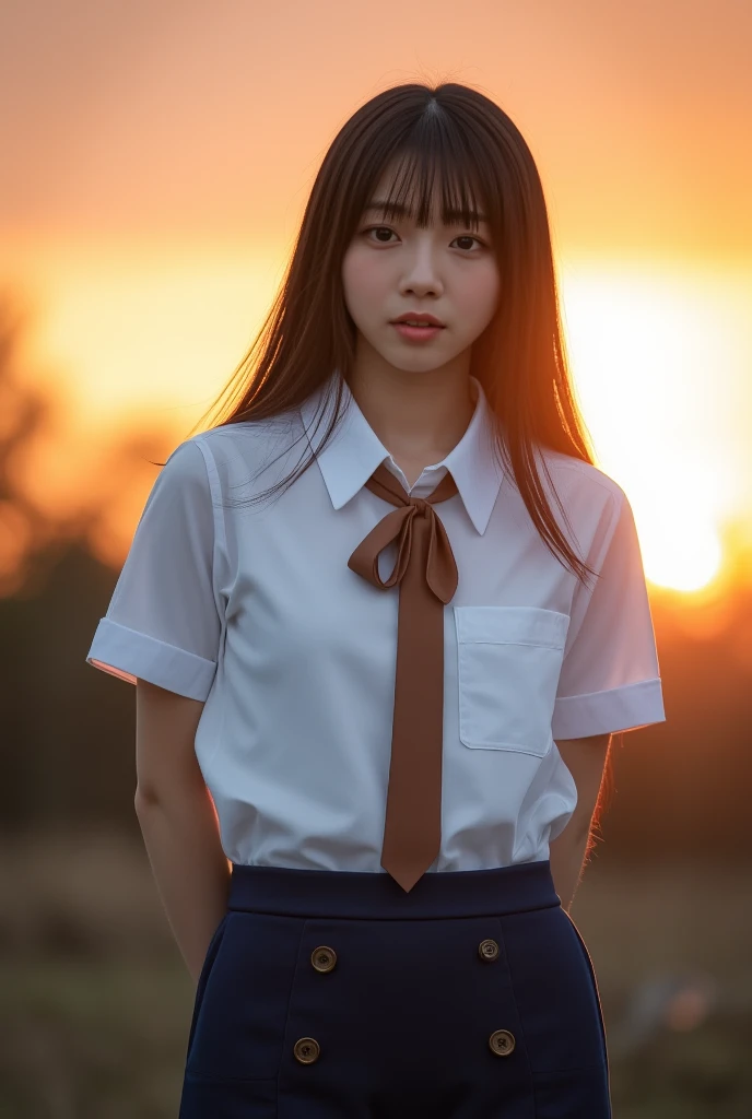 top quality 8k, high resolution, professional photographic, ultra detailed, 15mm film, portrait, (19 year old, beautiful Japanese female, REIKA standing legs parted:1.3), beautiful long hair elegant hair blunt bangs:1.4, beautiful nape, (big hip best proportion:1.5), arms behind back, (white-shirt, brown ribbon tie:1.4),  (detailed dark-blue micro-skirts:1.4), (thick thigh smooth thigh radiant thigh focus), ((too very blushing)), (ultra detailed sunset:1.5), (good depth field, in tornado stormy:1.5) 