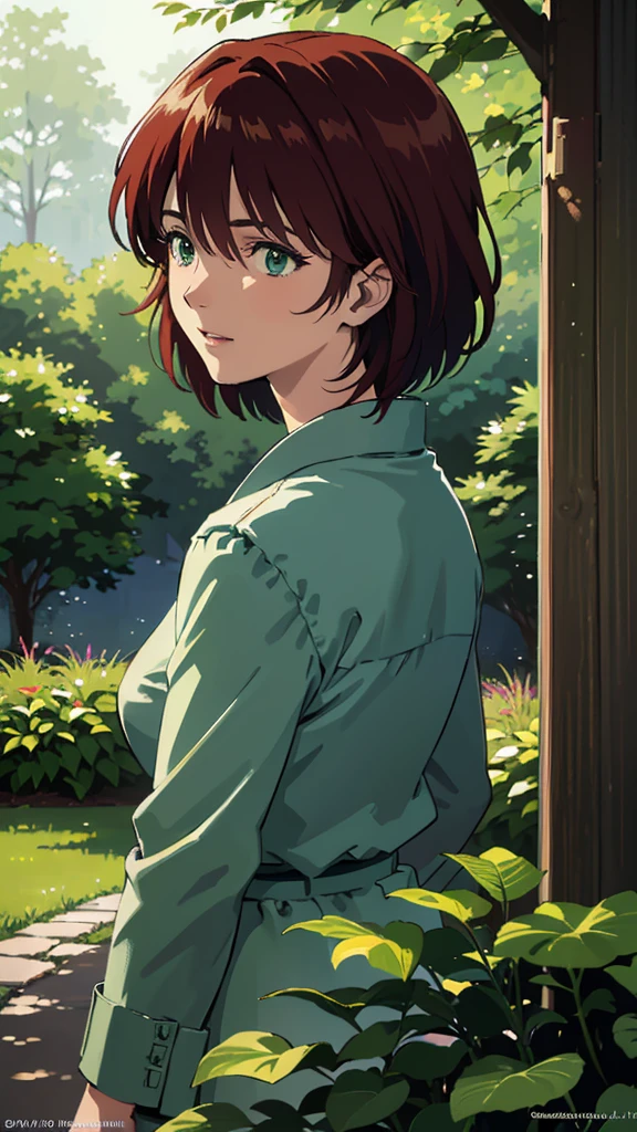 a beautiful detailed portrait of Mana Kirishima, short dark hair, green eyes, detailed facial features, intricate makeup, elegant expression, wearing, standing in a lush garden, sunlight streaming through the trees, vibrant colors, award winning digital art, highly detailed, cinematic lighting, photorealistic, 8k