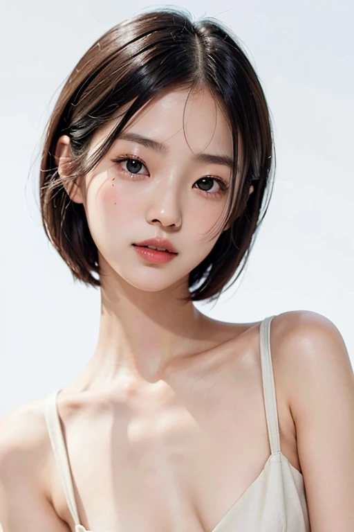 25-year-old Korean, Beautiful Face, smile, K-POPアイドル、(Completely naked),(nsfw)、No makeup、(The background is blue smoke)、(She has no makeup)、Short one-length hair,((Lighting on face:1.5)),