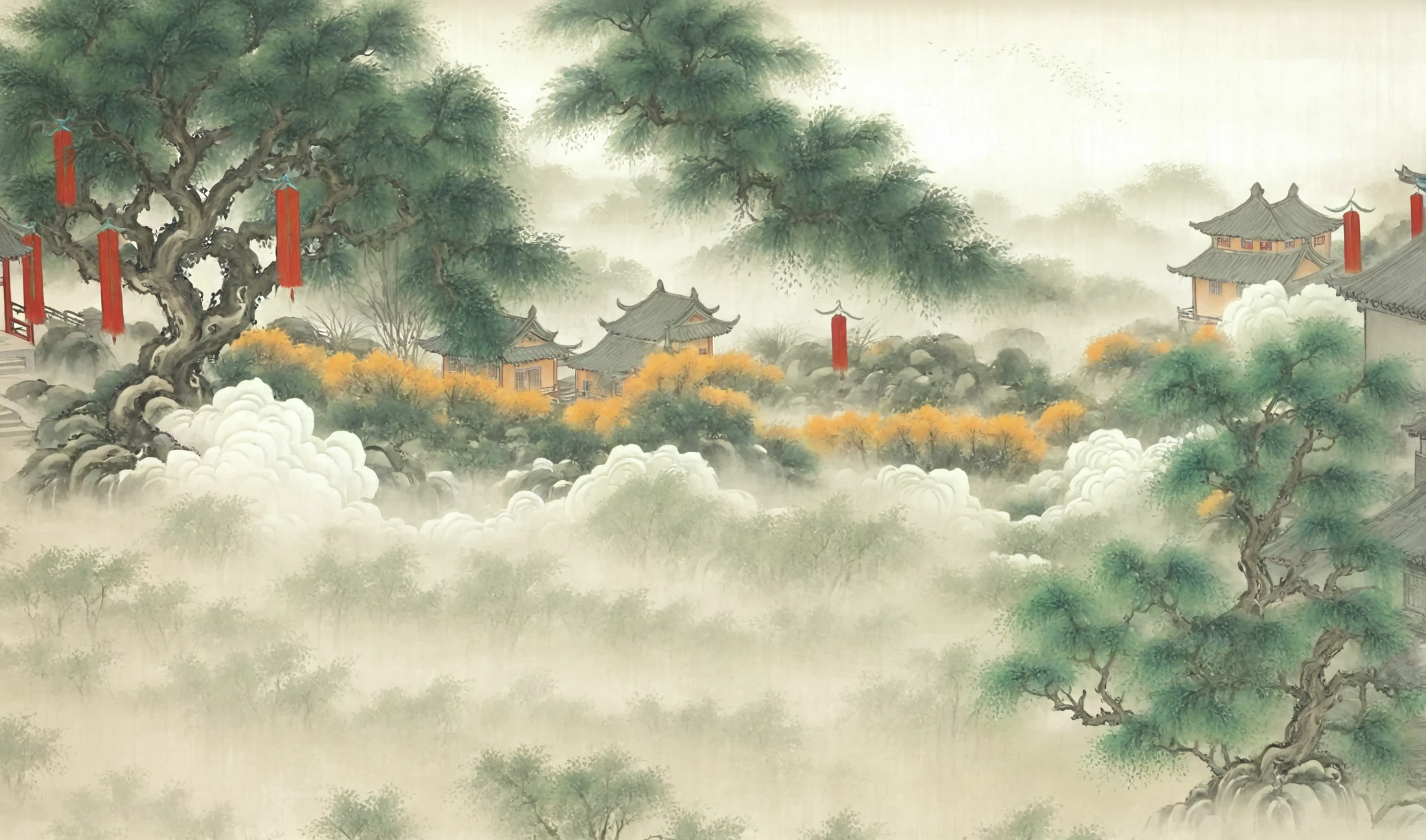   Chinese Style Painting ,  , Chinese Village,Ba Tree，Forest，Rural house