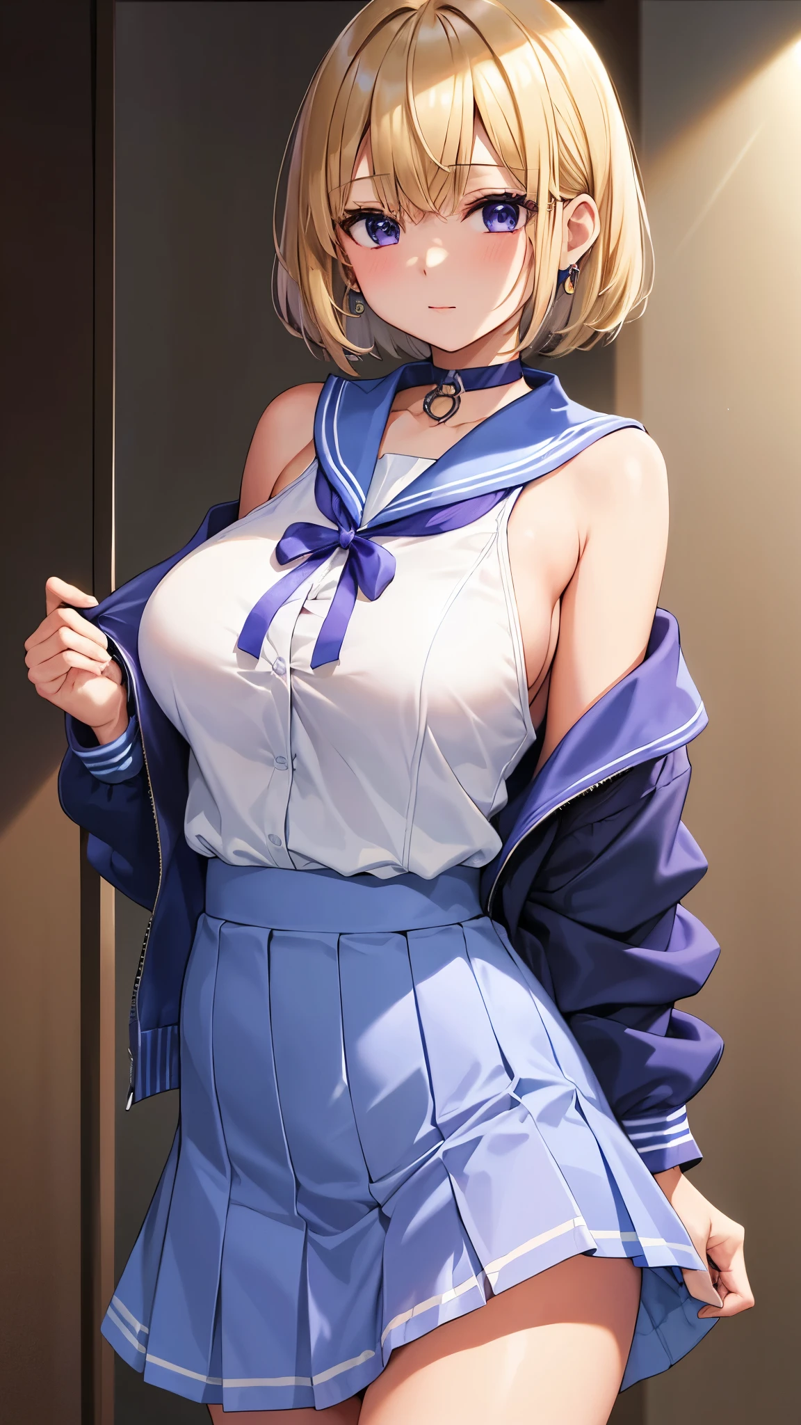 Umino Yuki 、 masterpiece ,  best quality、  best quality,(8k resolution),Beauty、(  looks like an adult), （  Sexy Perfect Style  ）、(  Big Breasts  )、  blonde bob cut、(White and blue sailor suit)、(  blue skirt)、(( Bring your chest closer ))、  purple eyes、 purple earrings 、 purple choker 、 Tall