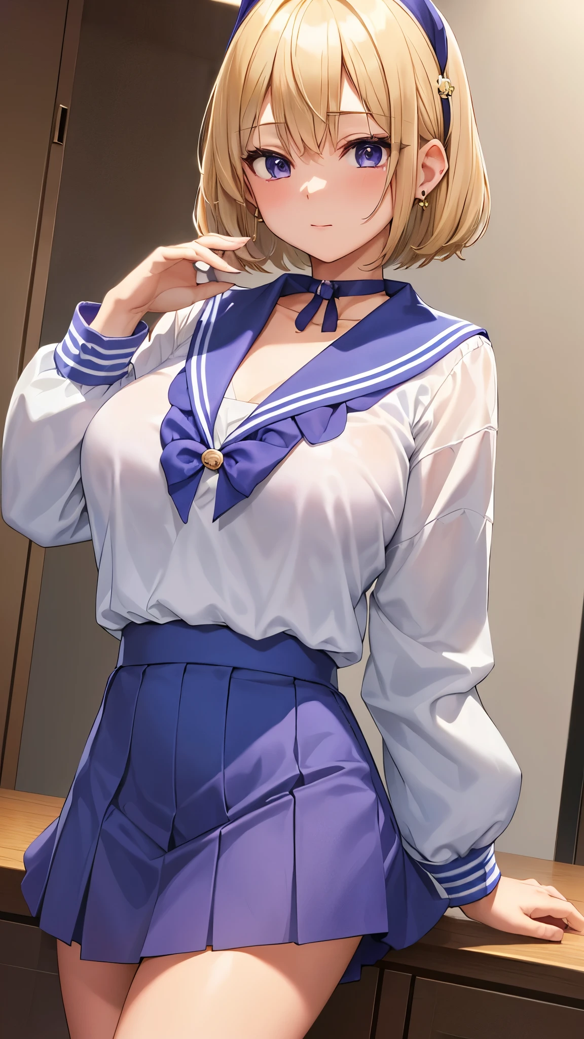 Umino Yuki 、 masterpiece ,  best quality、  best quality,(8k resolution),Beauty、(  looks like an adult), （  Sexy Perfect Style  ）、(  Big Breasts  )、  blonde bob cut、(White and blue sailor suit)、(  blue skirt)、(( Bring your chest closer ))、  purple eyes、 purple earrings 、 purple choker 、 Tall