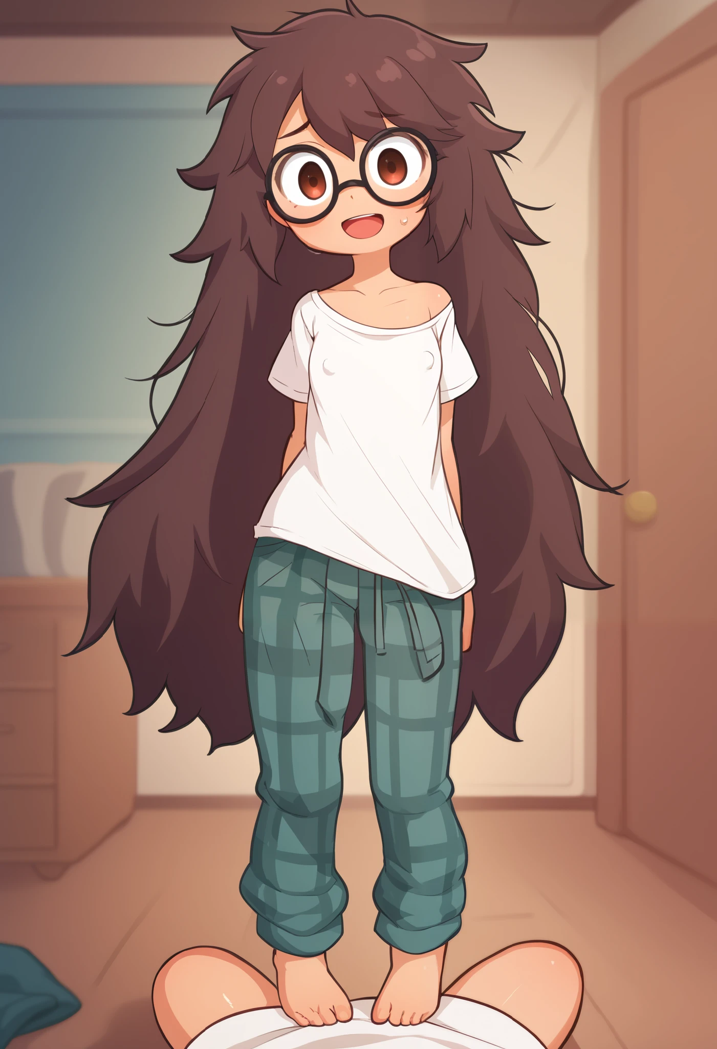 Small girl, young, full body, (solo 0.6), dark brown hair, fluffy hair, puffy hair, messy hair, very long hair, long bangs, messy bangs, skinny girl, skinny body, skinny legs, skinny thighs, slender body, thin waist, flat chest, large oversized shirt, white t-shirt, flannel sweat pants, loose clothing, glasses, pov, indoors, nervous, open mouth smile, big eyes, hard erect nipples, cute,