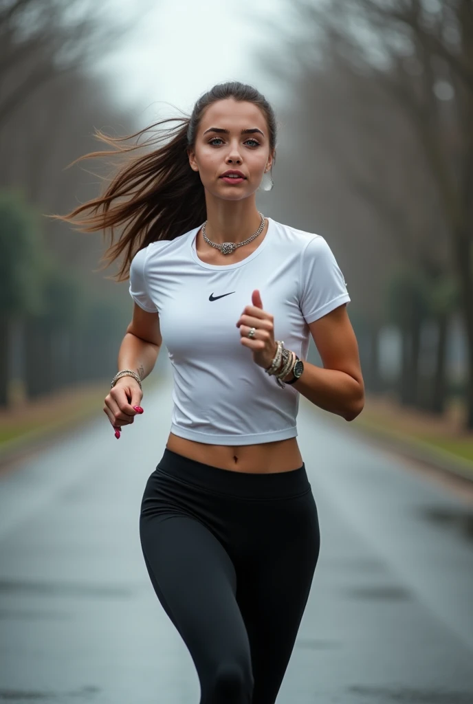 1 girl, solo, running, Gray Track Top, pink shorts, ponytail, athletic build, dynamic brushstrokes, fluid movement, capturing the essence of her athleticism and energy, using light colors and soft tones to create a dreamy and ethereal atmosphere, portraying the motion and grace of running, showing the wind blowing her ponytail and clothes, and the scenery of her surroundings. outdoors, detailed background, Modern metropolis, brazilian woman