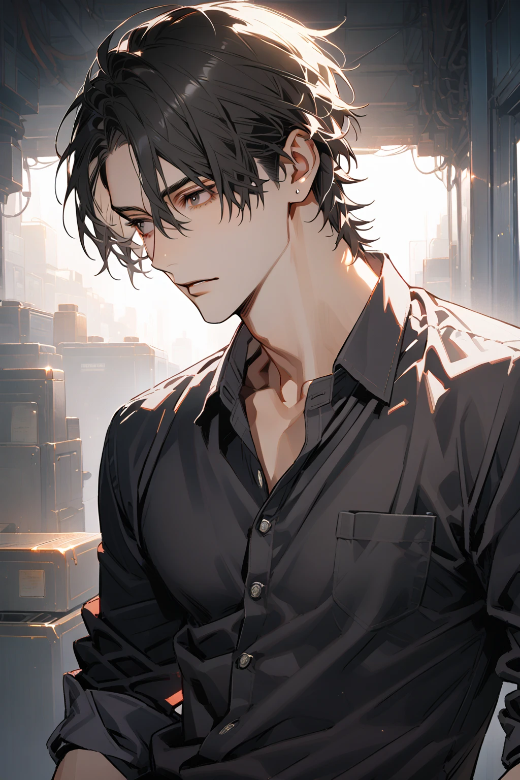 Man, handsome, short black hair, dark eyes, shirt