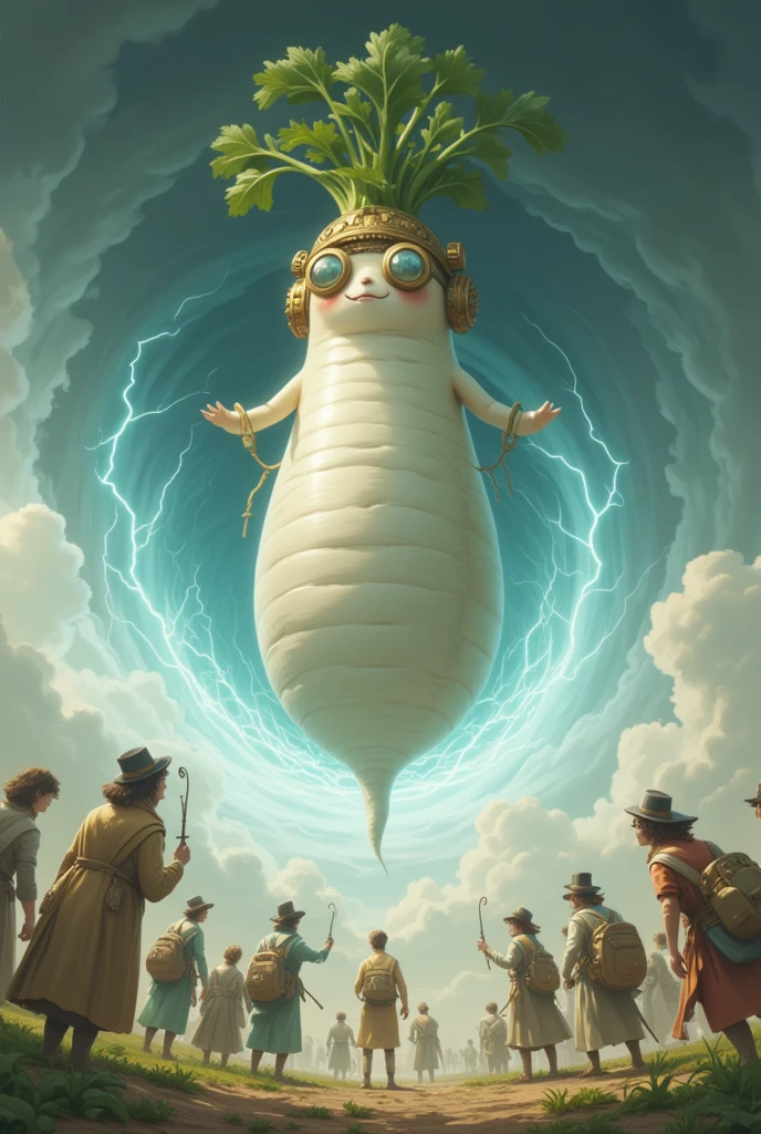 Create a digital art masterpiece in a futuristic fantasy style, capturing the chaotic beauty of a massive tornado storm swirling with vibrant electrical energy. In the eye of the storm stands an enormous character resembling a Japanese white radish, known as the "Radish Guardian." (The Radish Guardian is anthropomorphized with a wise and gentle expression, its body gleaming with iridescent hues. Its leaves form a majestic, flowing cape, and its root-like limbs are poised with an aura of commanding calm.) Around the Radish Guardian, technological debris and ethereal creatures are caught in the whirlwind, symbolizing the clash between nature and technology. The sky is a cacophony of neon blues, purples, and flashes of silver lightning, illuminating the storm's intensity. The ground below is a mix of both futuristic urban elements and untouched nature, representing a world on the brink of transformation.