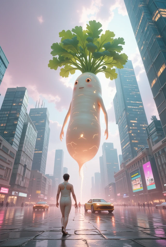 Create a digital art masterpiece in a futuristic fantasy style, capturing the chaotic beauty of a massive tornado storm swirling with vibrant electrical energy. In the eye of the storm stands an enormous character resembling a Japanese white radish, known as the "Radish Guardian." (The Radish Guardian is anthropomorphized with a wise and gentle expression, its body gleaming with iridescent hues. Its leaves form a majestic, flowing cape, and its root-like limbs are poised with an aura of commanding calm.) Around the Radish Guardian, technological debris and ethereal creatures are caught in the whirlwind, symbolizing the clash between nature and technology. The sky is a cacophony of neon blues, purples, and flashes of silver lightning, illuminating the storm's intensity. The ground below is a mix of both futuristic urban elements and untouched nature, representing a world on the brink of transformation.