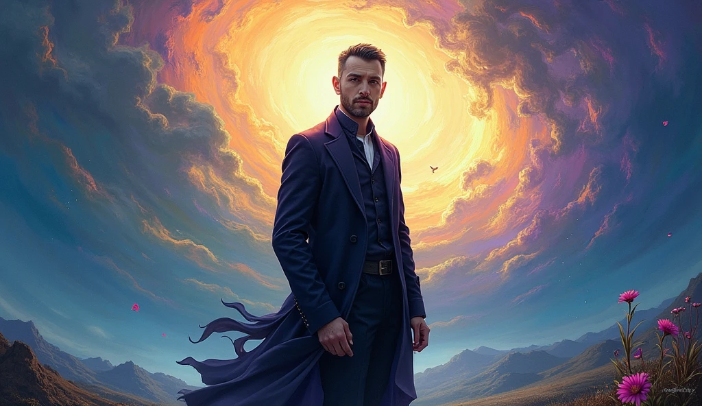 Magician in violet outfit with short red hair, short red beard on a violet fire background with a crystalline pyramid over his head
