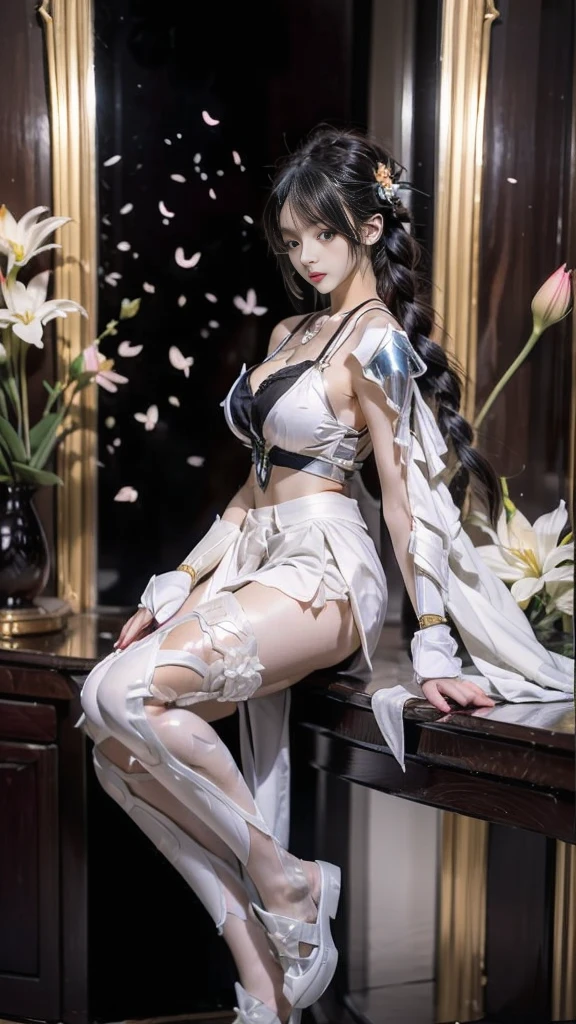 Sexy female character wearing white armor as a warrior from the Sengoku period 、((french braid hair))、((onyx black hair))、((toned body))、(glistening skin)、 toned body、((mega breasts 1.8))、 plump breasts 、 plump thighs 、 The white armor with a lily pattern engraved on it is a bikini type and is designed to emphasize chest exposure、(  wear a cloak with a lily flower pattern )、bustle skirt、 purple shin guard with lily flowers engraved on it 、White high-leg underwear 、White tights、 absolute domain、seductive pose、Noble and elegant atmosphere、 The background is a battlefield with lilies in full bloom 、(( lots of lily petals scattered on the screen ))、 Super high resolution and realistic touch 、 shiny armor and fabric texture 、A dynamic pose is depicted in detail、