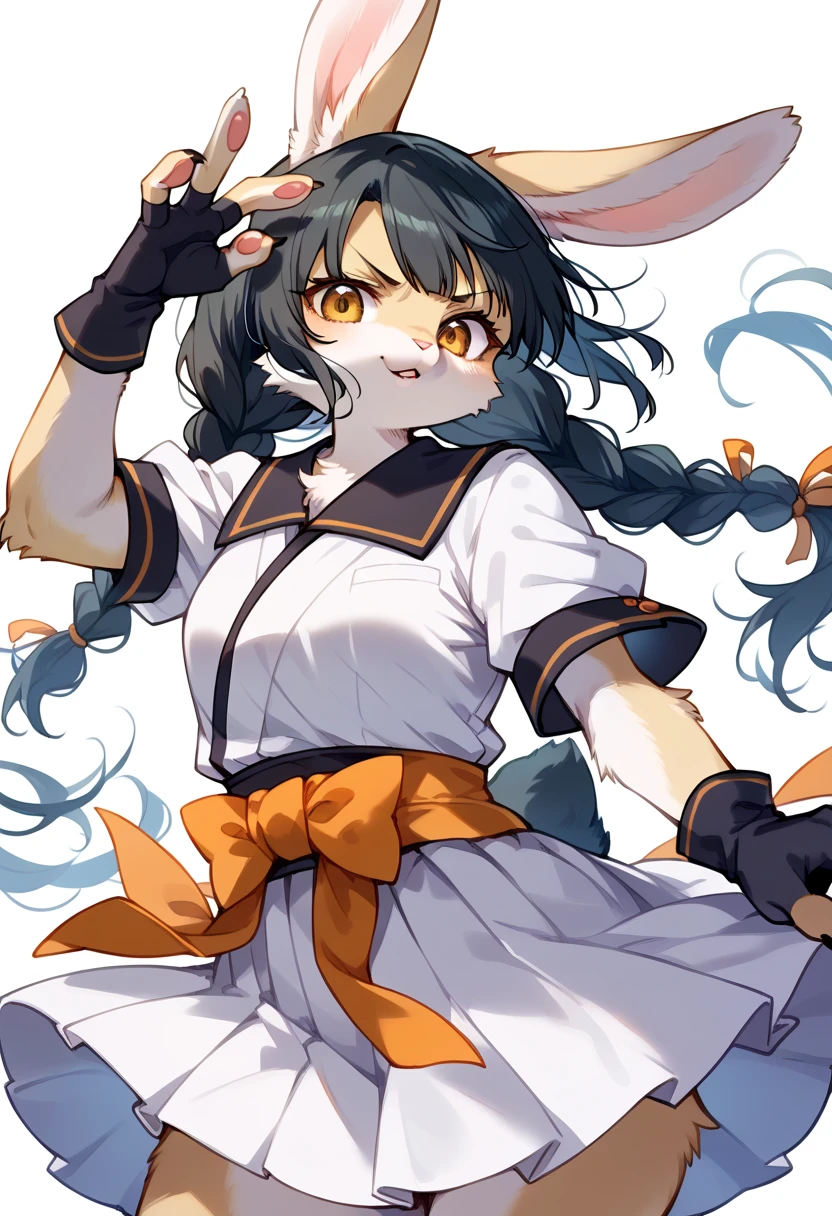 score_9, score_8_up, score_7_up, score_6_up, score_5_up, score_4_up, source_anime, best quality, amazing quality, very aesthetic, absurdres, 1girl, (furry, kemono:1.3), rabbit, rabbit girl, rabbit ears, braid, black hair, long hair, parted lips, twin braids, floating hair, brown eyes, yellow eyes, v-shaped eyebrows, gloves, fingerless gloves, skirt, short sleeves, sash, looking at viewer, solo, white background, cowboy shot, black gloves, white skirt, dynamic pose,