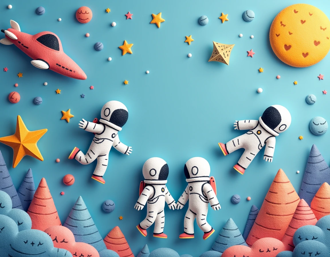 create an image to be wallpaper, the art needs to be in two-dimensional, drawings made by ren of astronauts, spaceships, stars and moon, in the style of scribble, with a matte blue background