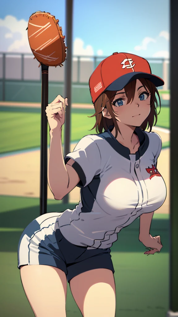 high quality,HD,16k,sharp lines,1 girl,Female softball athlete ,cute face, large breasts, nice legs,At the softball venue,focus girl,detailed beautiful face,detailed clothes,beautiful eyes,cool,dynamic angle