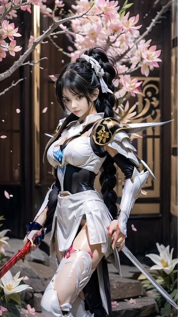 Sexy female character wearing white armor as a warrior from the Sengoku period 、((french braid hair))、((onyx black hair))、((toned body))、(glistening skin)、 toned body、((mega breasts 1.8))、 plump breasts 、 plump thighs 、 The white armor with a lily pattern engraved on it is a bikini type and is designed to emphasize chest exposure、(  wear a cloak with a lily flower pattern )、bustle skirt、 purple shin guard with lily flowers engraved on it 、White high-leg underwear 、White tights、 absolute domain、Pose of pulling a sword out of its scabbard、Noble and elegant atmosphere、 The background is a battlefield with lilies in full bloom 、(( lots of lily petals scattered on the screen ))、 Super high resolution and realistic touch 、 shiny armor and fabric texture 、A dynamic pose is depicted in detail、