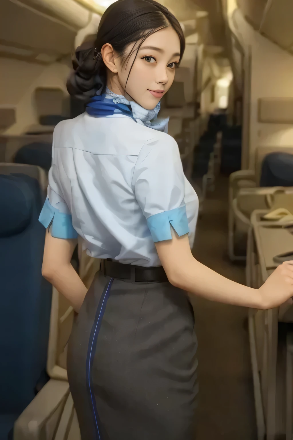 (masterpiece:1.2,  best quality:1.2), 32kHDR,  high resolution for loosely aligning the legs , (Alone、  1 girl)、（ Rooftop of a building during the day 、 Professional Writing ）、  in the background of the roof of the building  、（ANA cabincrew uniform blueを着たリアルスタイル）、（（ ANA flight attendant uniform blue short sleeve blouse  、 ANA flight attendant uniform blue skirt with blue lines on the back、 Scarf around the neck ））、  lots of dark brown hair  、（  long hair、Hair tied up、Hair tied up,  braid summary hair  ）、  lots of dark brown hair  、Long Hit、Big Breasts、Thin legs、（（ Amazing hands ：2.0）），（（  harmonious physique with the roof of the building in the background  ：1.5）），（（Normal limbs：2.0）），（（The usual ：2.0）），（（  DELICATE EYES：2.0）），（（Normal eyes：2.0））)、smile、（ANA cabincrew uniform blueを見せた美しい後ろ姿）、Hands folded under the body  