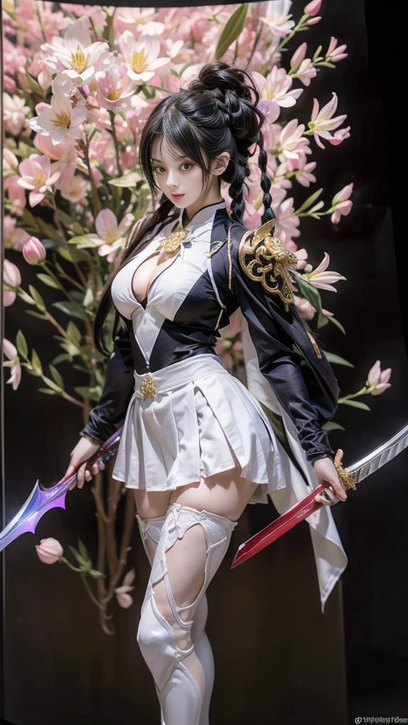 Sexy female character wearing white armor as a warrior from the Sengoku period 、((french braid hair))、((onyx black hair))、((toned body))、(glistening skin)、 toned body、((mega breasts 1.8))、 plump breasts 、 plump thighs 、The white armor with a lily pattern engraved on it is bikini type and is designed to accentuate chest exposure、(  wear a cloak with a lily flower pattern )、bustle skirt、 purple shin guard with lily flowers engraved on it 、White high-leg underwear 、White tights、 absolute domain、Pose of pulling a sword out of its scabbard、Noble and elegant atmosphere、 The background is a battlefield with lilies in full bloom 、(( lots of lily petals scattered on the screen ))、 Super high resolution and realistic touch 、 shiny armor and fabric texture 、A dynamic pose is depicted in detail、