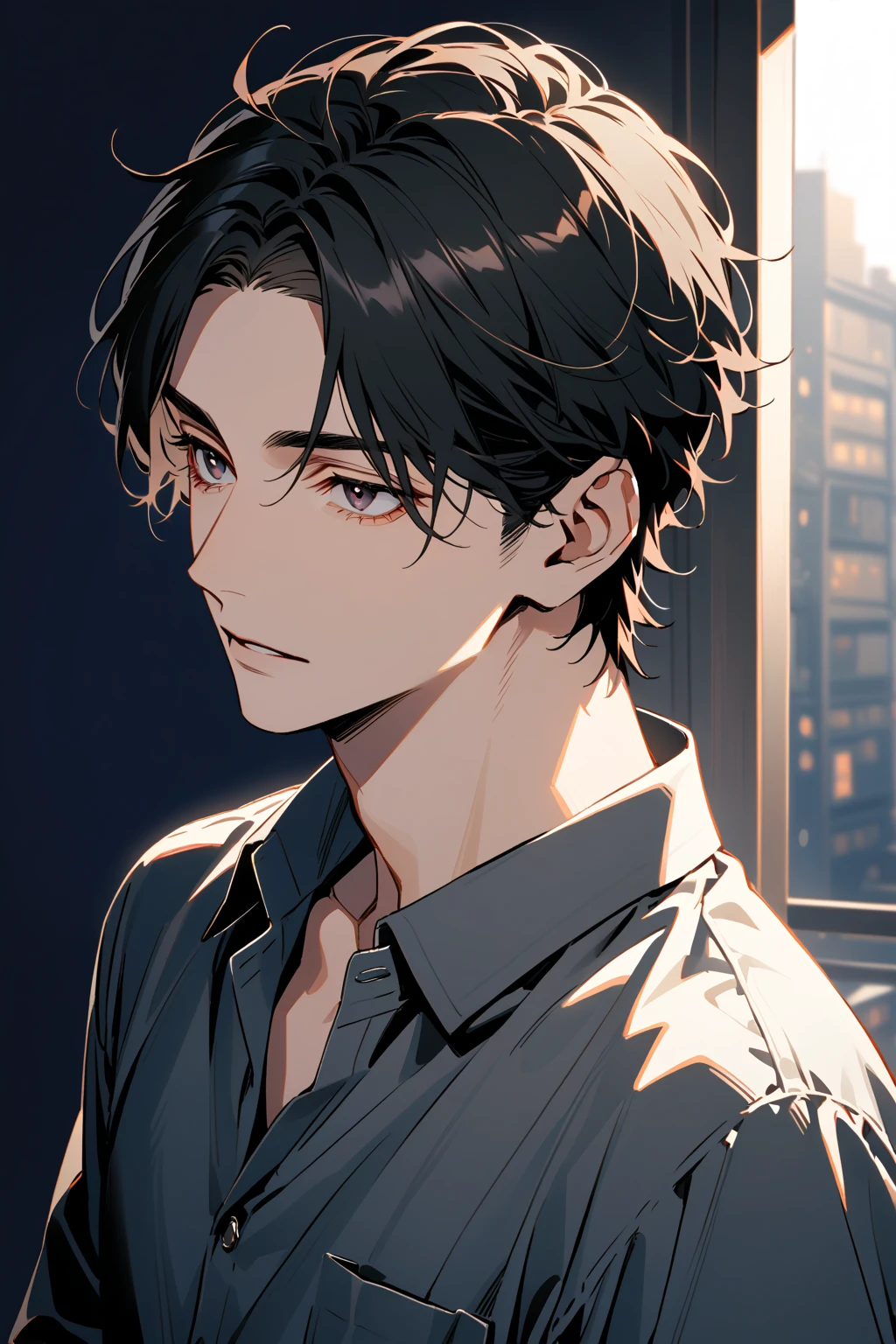 Man, handsome, short black hair, dark eyes, shirt