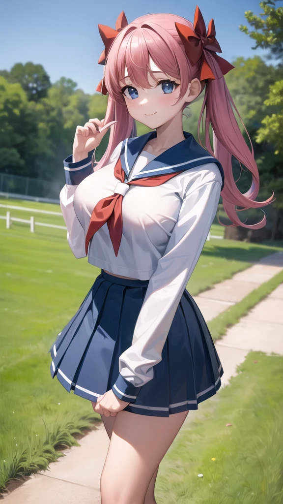   Masterpiece ,  best quality,  high definition ,  1 girl , Aanodoka ,  twin tails,  hair bow,  Big Breasts ,  school uniform, Seraph, blue sailor collar,  red neckerchief,  white shirt,  Long Sleeve ,  blue skirt,  pleated skirt,  detailed background with white knee-high ,  cowboy shooting,  standing, Outdoor, smile, Wavy