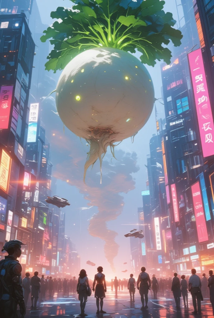 Imagine a futuristic cityscape engulfed in a tornado storm, with an enormous Japanese white radish levitating at the center, creating a surreal digital art masterpiece. The scene is bathed in neon hues of pink, blue, and purple, reflecting off the mirrored surfaces of towering skyscrapers. The daikon, detailed with bioluminescent veins pulsing through its structure, appears both otherworldly and powerful amidst the digital storm. Below, the city is a maze of densely packed buildings, illuminated signs, and flying cars darting through the air, creating a vivid representation of a hyper-connected, neon-lit urban sprawl. Rain pours down in shimmering sheets, refracting light into dazzling patterns. Meanwhile, inhabitants of the city, dressed in slick, high-tech attire with glowing cybernetic enhancements, navigate the streets, some looking up in fascination at the hovering radish, others seeking shelter, epitomizing the chaotic harmony of the scene. This artwork should encapsulate the juxtaposition of advanced technology and uncontrolled natural forces, portraying a world where traditional and futuristic elements collide.