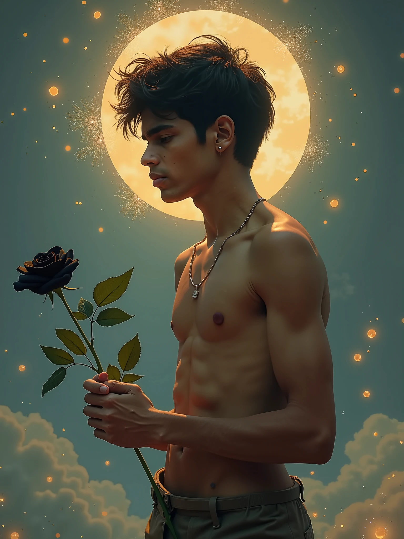 There is a man holding a rose in front of a full moon - SeaArt AI
