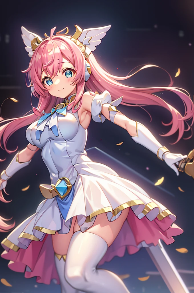 smile、mecha wing、Golden Wings、Thighs、tights、chest、cure prism、 shiny pink hair 、 1 girl、 solo girl、 headset 、mecha girl、I have a white armor 、 BLUE MINI SKIRT 、 holding a sword 、sword、 has a shield