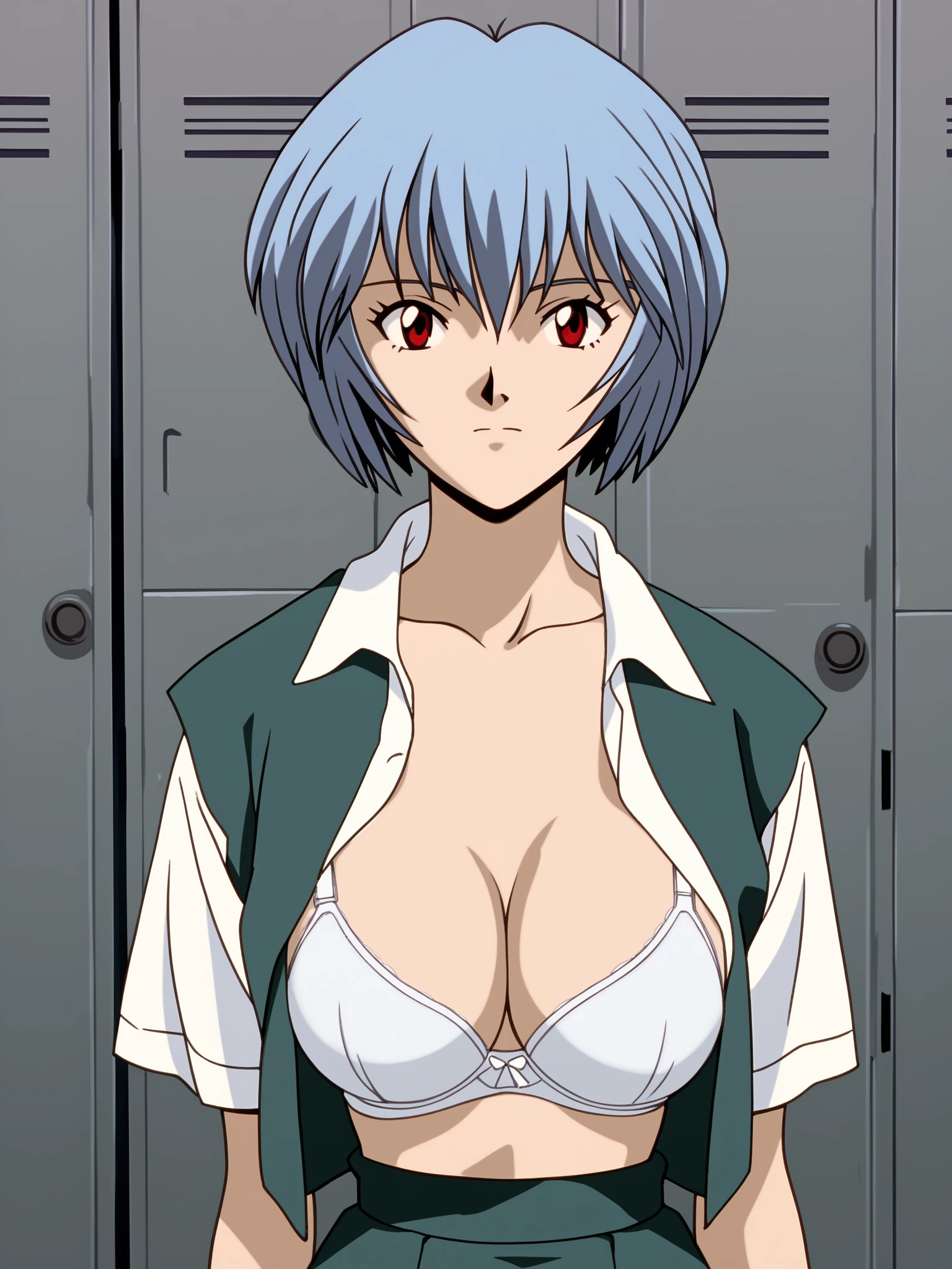  score_9,  score_8_up,  score_7_up,  source_anime, Layer Nami, Rei Ayanami, Ayanami Rei,  blue hair , short hair,  red eyes, skirt, shirt, school uniform, white shirt, short sleeves, tokyo-3 middle school uniform, (((open shirt, white bra))), locker room,  standing,  viewer, Alone, (((face focus, face close up, throw, portrait,  slouching forward))),