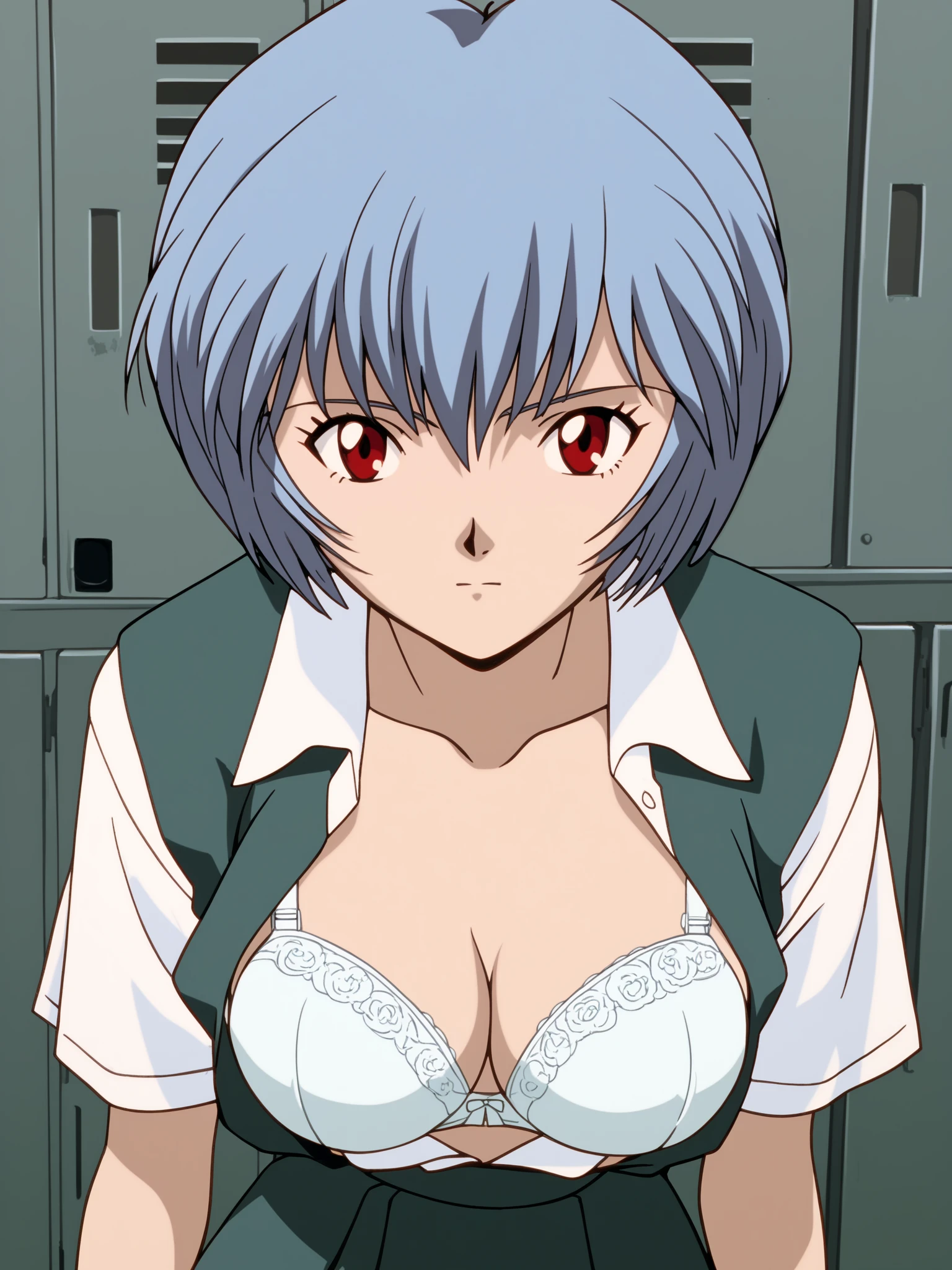  score_9,  score_8_up,  score_7_up,  source_anime, Layer Nami, Rei Ayanami, Ayanami Rei,  blue hair , short hair,  red eyes, skirt, shirt, school uniform, white shirt, short sleeves, tokyo-3 middle school uniform, (((open shirt, white bra))), locker room,  standing,  viewer, Alone, (((face focus, face close up, throw, portrait,  slouching forward))),