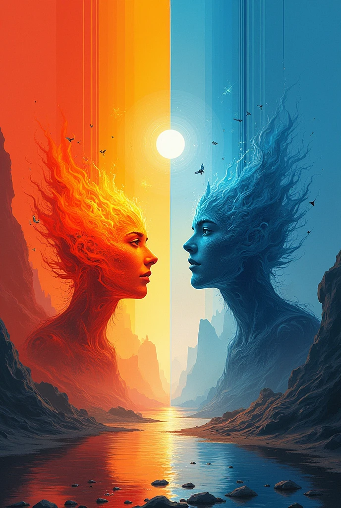 Imagine an interpretation of our planet divided into two halves. One half is serene and radiant, filled with vibrant landscapes, lush green forests, flowing rivers, and crystal blue skies, where creatures live harmoniously, depicting a sense of peace. Contrastingly, the other half is engulfed in flames, displaying burnt reddish landscapes, lifeless trees, smoky atmosphere, and land gradually eroding away, symbolizing decay and loss. The image conveys a stark duality between life and death. All of this is set against a pure, stark white background, emphasizing the differing conditions of the two hemispheres.