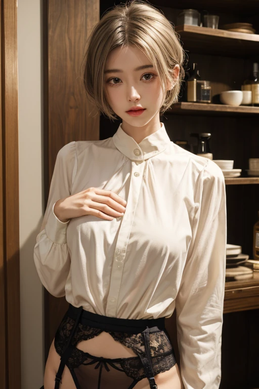 master piece , best quality , detailed , blouse , skirt , sitting , (from front) , bed room , indoor