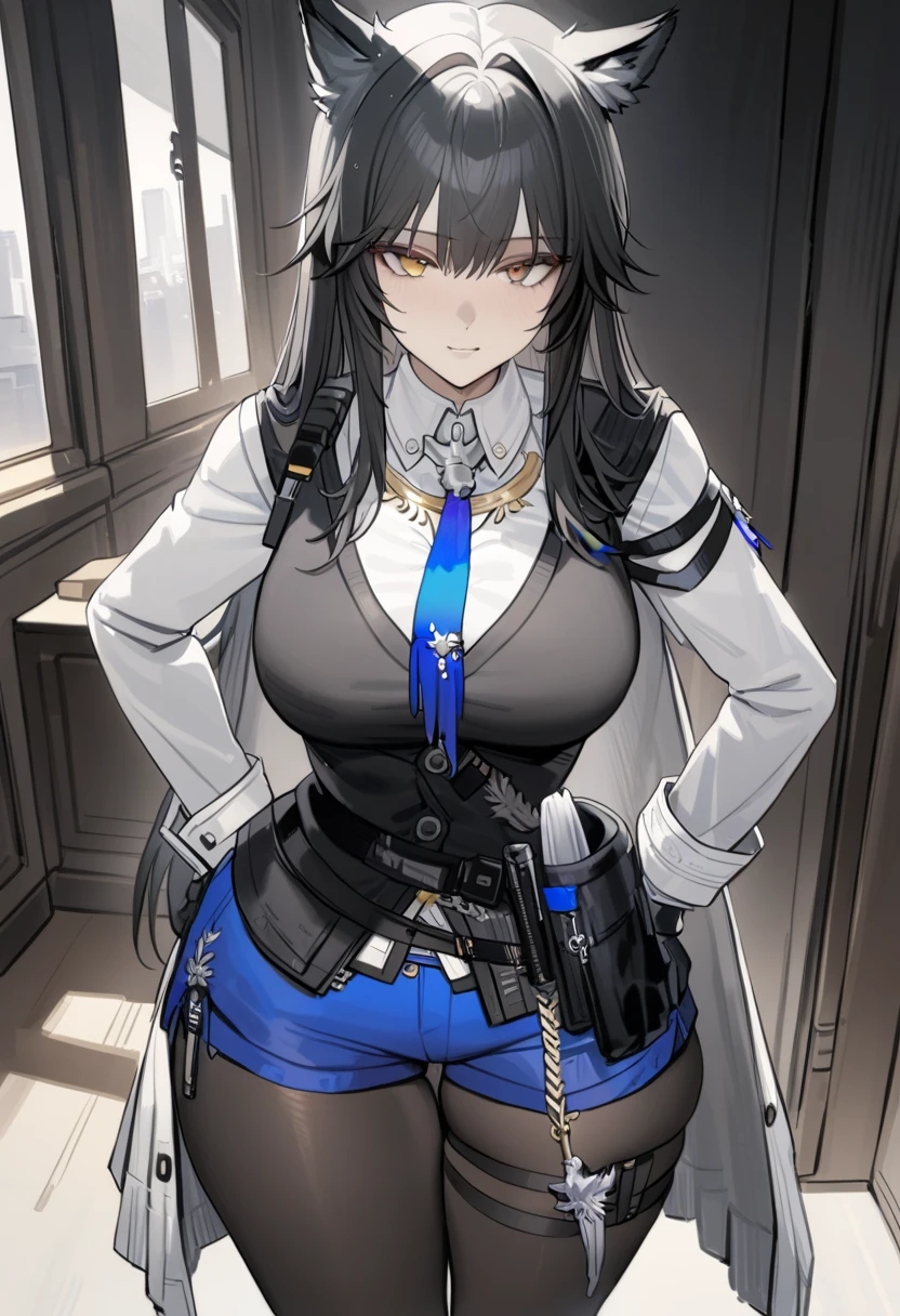  Masterpiece ,  best quality,  1 girl ,  cowboy shot , Texas the Omertosa \( Arknights ),  Arknights ,  with wolf ears ,  black hair,  yellow eyes,  clevis,  white shirt, Black vest,  blue tie,  blue shorts ,  black pantyhose,