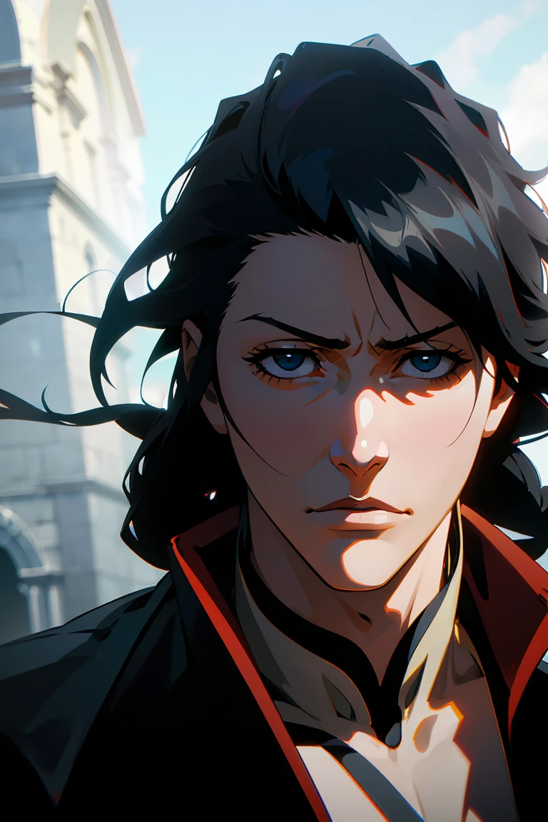 1 male, young adult, braided black hair, black hair, blue highlights, black eyes, bleached, Hueco Mundo, pirate outfit, sunny, red coat, highly detailed eyes, wavy hair, (best quality,4k,8k,highres,masterpiece:1.2),ultra-detailed,(realistic,photorealistic,photo-realistic:1.37),dramatic lighting, cinematic composition, gothic fantasy, moody atmosphere, chiaroscuro style, detailed face, portrait