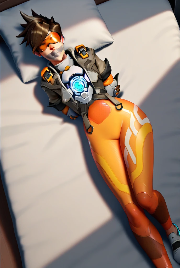 VHS cover for a porn starring tracer. hoop-earings. biting her lip. young, naked. nude. slut. small_boobs, nipples, pussy, body, huge ass, freckles. pornstar nsfw