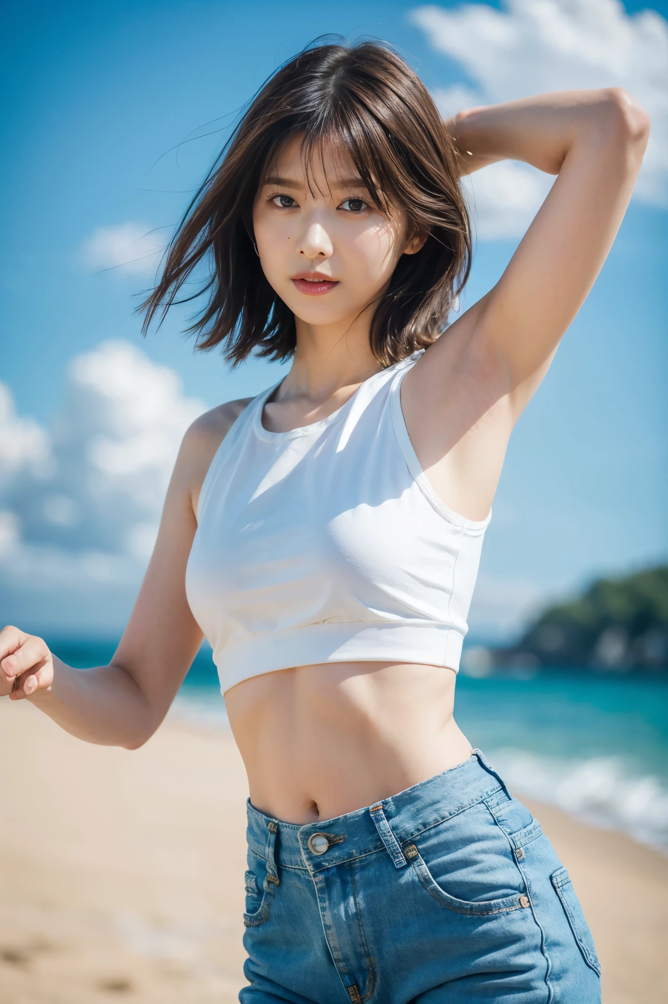 8K raw photo beauty:2.0, Dark Brown Hair Medium Hair , amazing face and dark eyes , Staring at the Camera , show armpits, Running, Sprint, dynamic pose , vibrant pose ,(white crop top and distressed denim shorts:1.2)、 wears sneakers:1.4, photorealistic:1.9, Highly Detailed CG Unified 8K Wallpaper , high definition, high definitionな生の色写真, Professional Photography,Look forward, The whole body is shown,Shooting on the beach, sexy girl portrait, Blue sky and clouds,