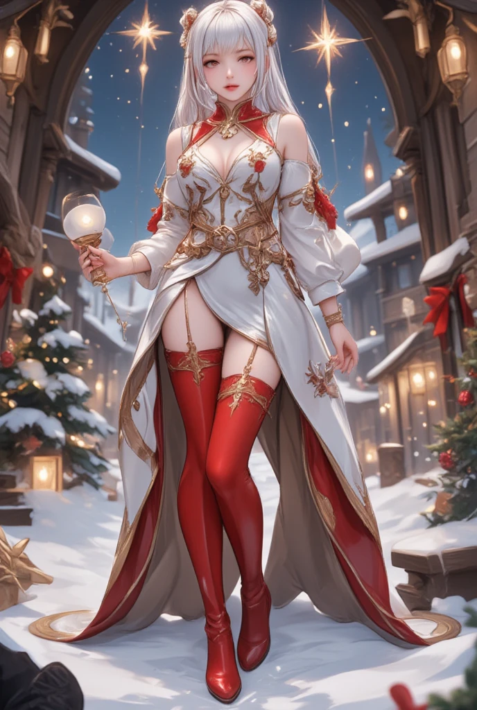 lipstick, a red and green sexy mini dress. She is surrounded by a winter forest with tall evergreen trees covered in snow. The sunlight filters through the branches, creating a magical, ethereal atmosphere. The elf woman is holding a small gift box in her hands, and her eyes are filled with excitement and anticipation. The scene is captured in a stunning, high-resolution portrait format, with vibrant colors and intricate details. The lighting is soft and warm, enhancing the enchanting beauty of the woman and the surrounding landscape. The overall style of the image is a blend of realism and fantasy, with a touch of romanticism. Full body, nipple slipping out of dress