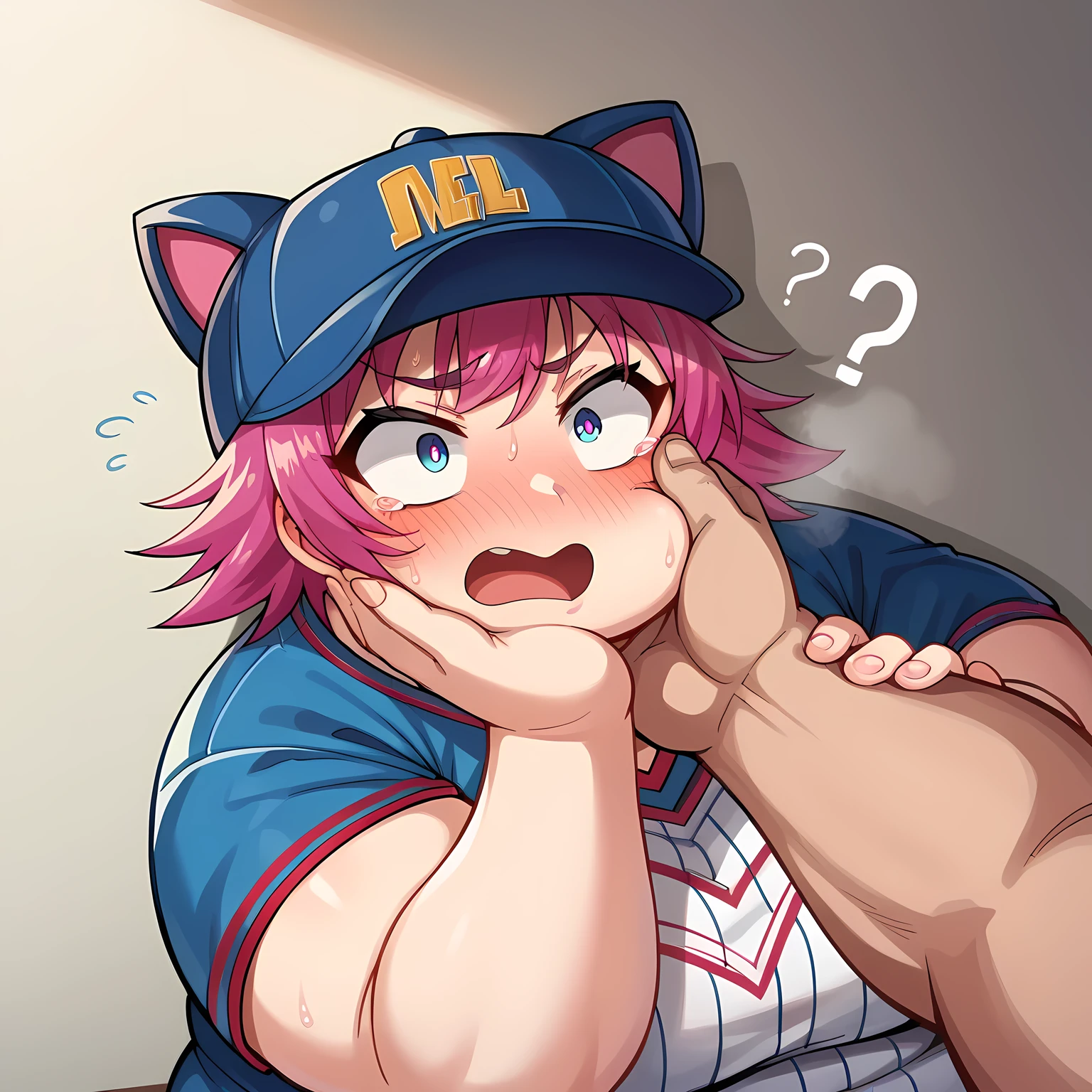   girlfriend, stockings, Baseball Uniform , cartoon screencap, , bedroom , looking at viewer, random hair,  Sneer, , adult woman, anime style,  ass presence  swollen face, fat, chubby, obese, open mouth, out of breath, absurdres, highres icon, rating:General, confused, blush, {flustered}, nervous sweating, portrait, pov hands, hand on another's cheek, averting eyes, [looking away], straight-on, from above,  upper body, masterpiece, best quality, ultra-detailed, high resolution, 8K, 