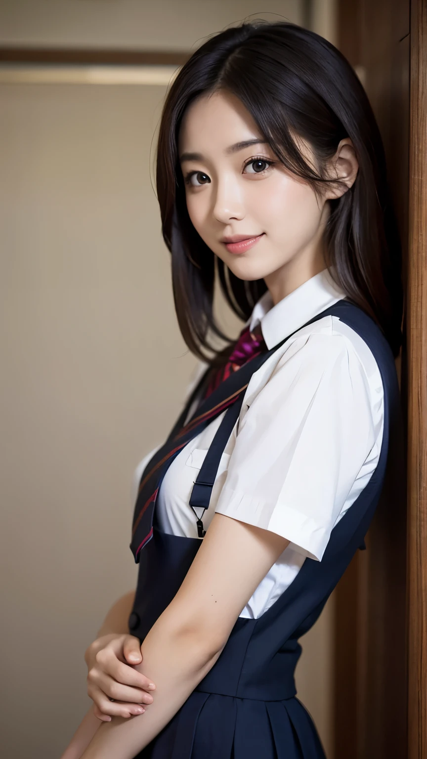 masterpiece, Best Quality, Illustration, Ultra-detailed, finely detail, high resolution, 8K Wallpaper, Perfect dynamic composition, Beautiful detailed eyes, school uniform, Medium Hair, small chest , Natural Color Lip, Random and sexy poses,Smile,Osaka