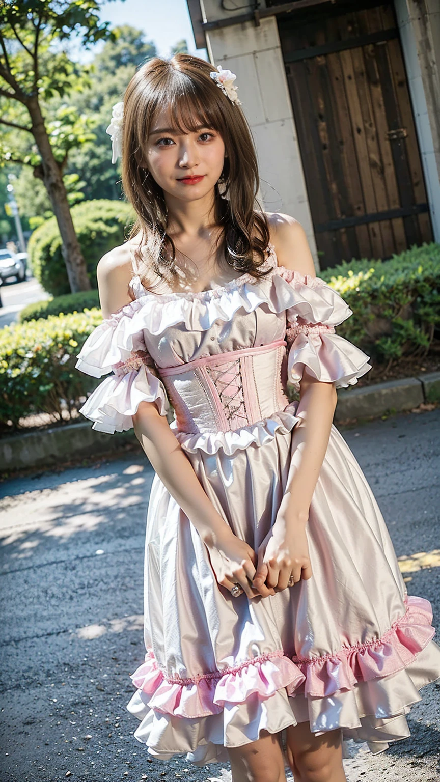(8k、RAW Photos、highest quality、masterpiece:1.2)、(Realistic、Realistic)、1 girl、((Off the shoulder、White and pink、corset、See-through、mini skirt、boots、Large Breasts、smile、Medium Hair、View from the front、stage、Spotlight、Standing with hands on hips))、Lots of eyelashes、Glowing eyelids、skeletally correct