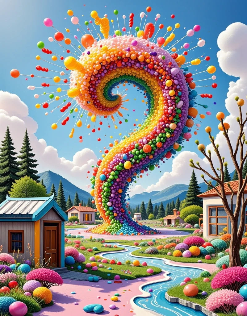 A massive swirling tornado made entirely of candy rushes through a small town. Gummy bears, candy canes, and chocolate bars spin wildly in the vortex, bouncing off buildings and creating a rainbow of sugary chaos. The air smells sweet as the candy storm sweeps through.