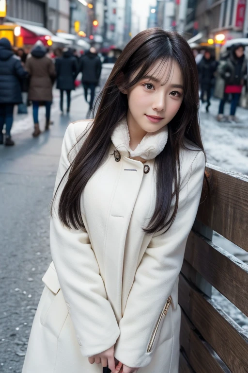 winter, urban area, Tokyo, in the day, gorgeous cityscape, amid the crowd, slightly snow on the park, dressed in warm winter fashion, neat fashion, clean appearance, tilt head forward, fidgeting, expression of heart is pounding with tension, blushing, long length hair, shiny black hair, hair fluttering in the wind, beautiful white-colored translucent skin, slendar figure, shooting from above, cold and shivering, {realistic}, {cinematic}, {photogenic}