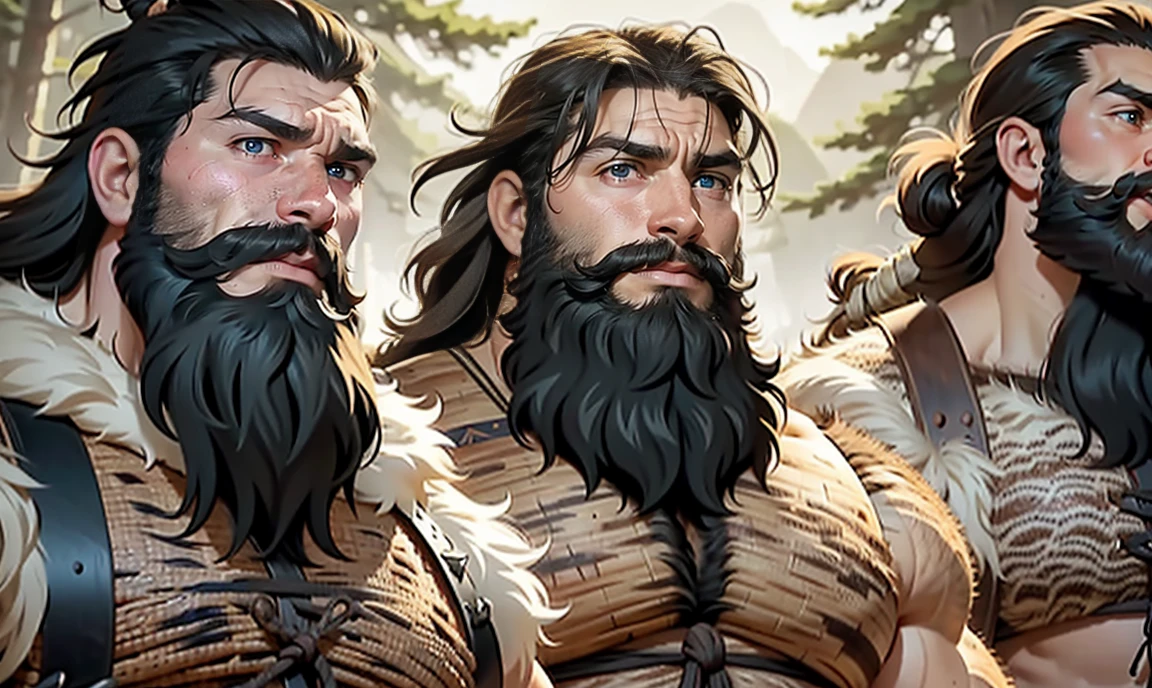 realistic. close-up Group of extremely-hairy hulking sexy Neolithic men wearing fur wraps and carrying Neolithic weapons. long wild messy masculine hair. grizzled beard. heavy brow ridges with very thick monobrows. thick lips. very hairy chests. looming over you, looking down at you. suspicious expression. Neolithic sunny forest background.