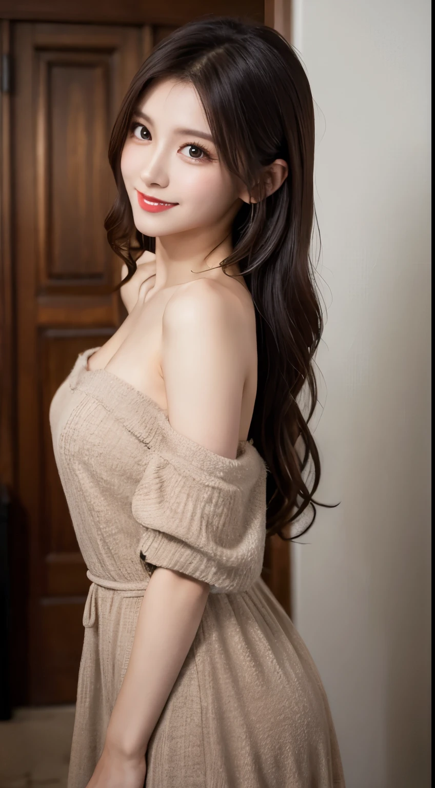 Masterpiece, superb, super detailed, photo, extremely delicate and beautiful, high resolution, 1 girl, 25 years old, beautiful Japanese girl, sitting at the table in the room reading a book, small breasts, full lips, curly hair, long hair, Profile face, delicate facial features, delicate arms, slender fingers, slender legs, tube top dress, perfect dynamic composition, beautiful and delicate eyes, the feeling of a smile on the face