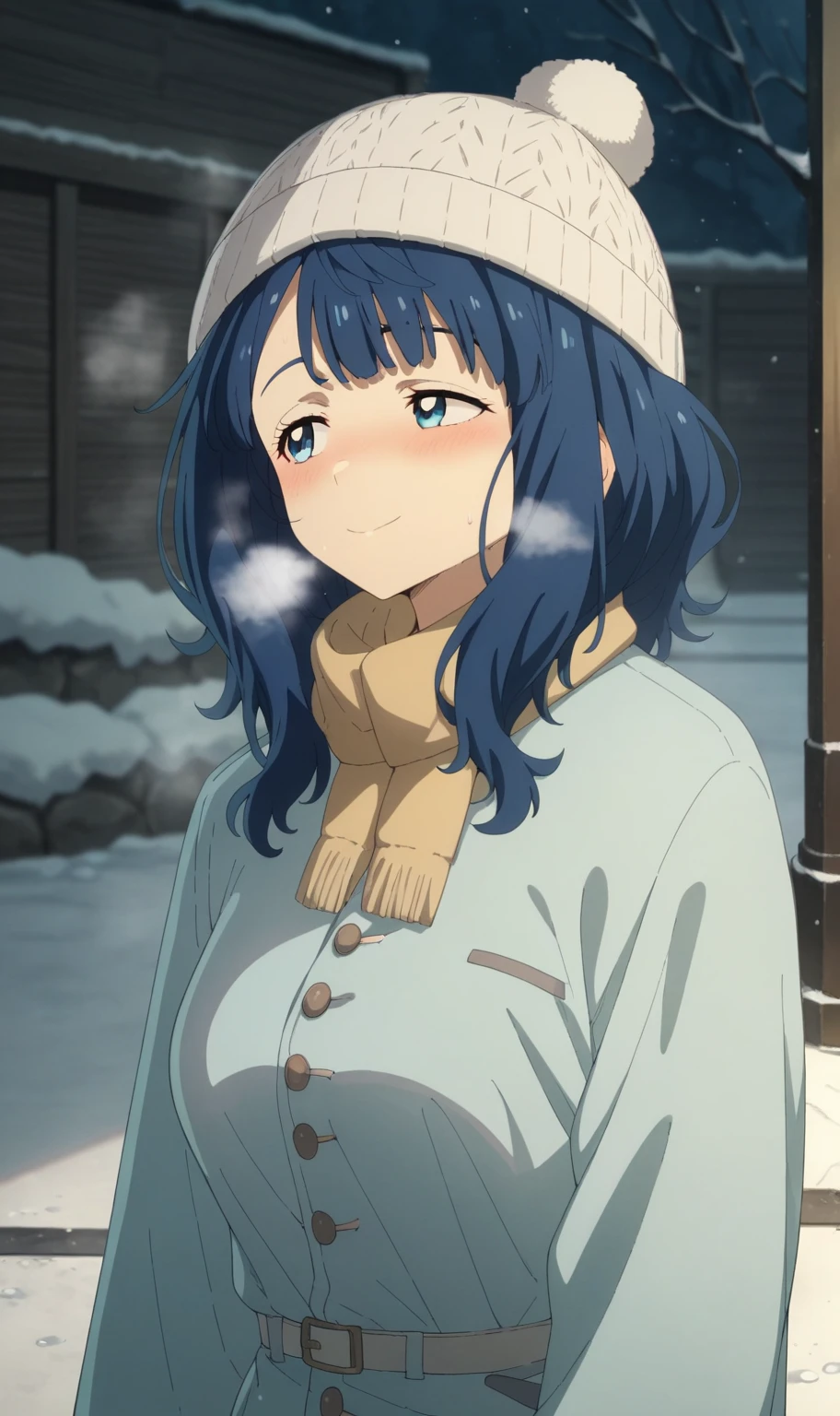 yanamianna, medium hair, middium breasts,blue hair,blue eyes, medium breasts, fluffy coat, turtle neck, knit swearter, knitted hat, muffler, blush, light smile, steam, outdoor, cold, winter, road, masterpiece, best quality, high resolution, ultra-detailed, detailed background, anime,