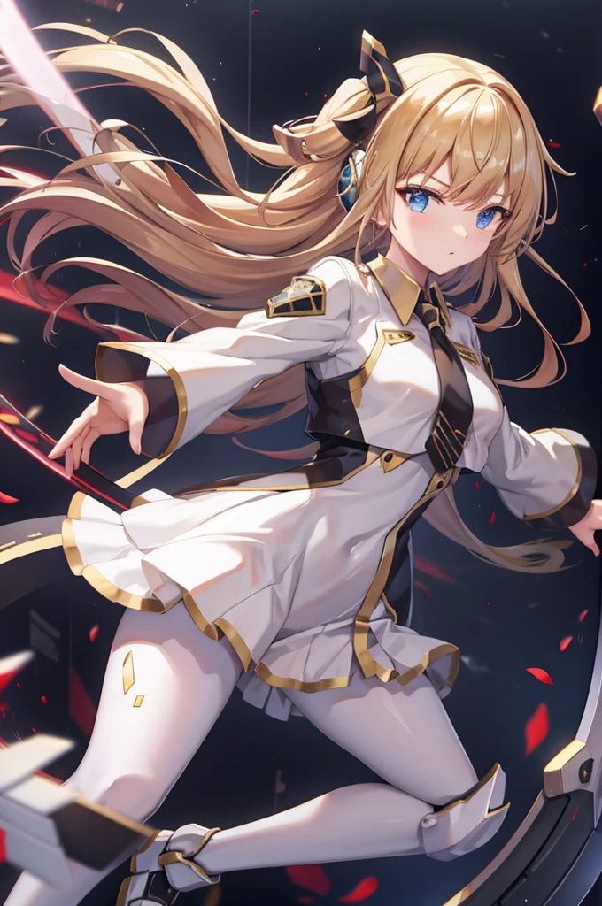 Rin々Funny face、mecha wing、Golden Wings、Thighs、blonde long hair anime girl,White pleated skirt,white pantyhose,Holding the  sword in the right hand、chest、 1 girl、 solo girl、 headset 、mecha girl、