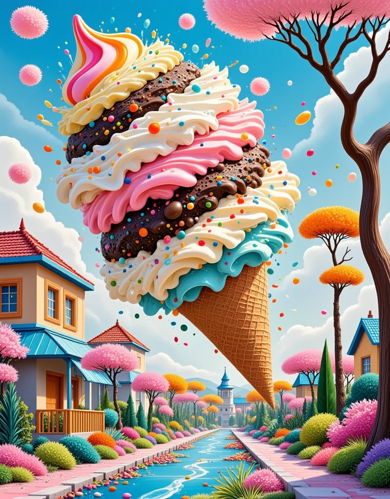 A giant tornado made of swirling scoops of ice cream rages through a suburban town. Vanilla, chocolate, and strawberry flavors spin together in a frosty storm, splattering buildings with creamy goodness. Cones and sprinkles fly in every direction, turning the streets into a sugary mess.