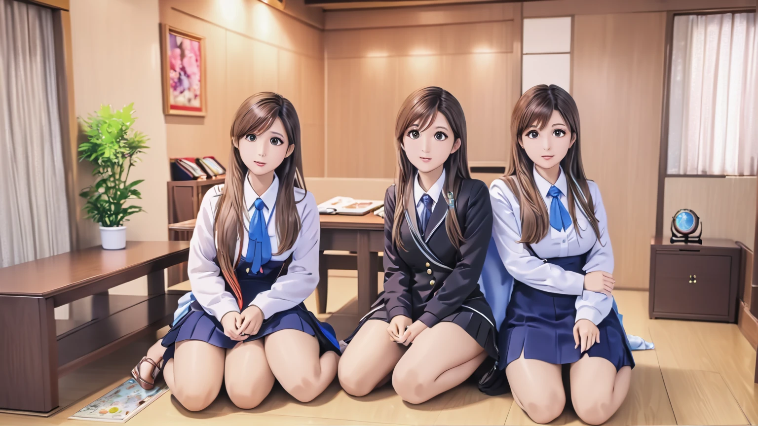 ridiculous resolution , high resolution, (masterpiece: 1.4), super detailed , ((( Detailed Facial , Detailed expression)), Two girls, Girls and Girls, friend, best friend, classmate, Relax, Ponytail, Bob, sitting on floor, human skin color , Two people talking, Room Background, friend, 最好的friend, Home, 1K, Small Room, curtain, floor, television, table, 居Home服, Kyoto Animation, Kyoto Animation的氛围, (tearful)