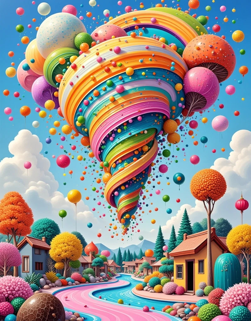 A massive swirling tornado made entirely of candy rushes through a small town. Gummy bears, candy canes, and chocolate bars spin wildly in the vortex, bouncing off buildings and creating a rainbow of sugary chaos. The air smells sweet as the candy storm sweeps through.