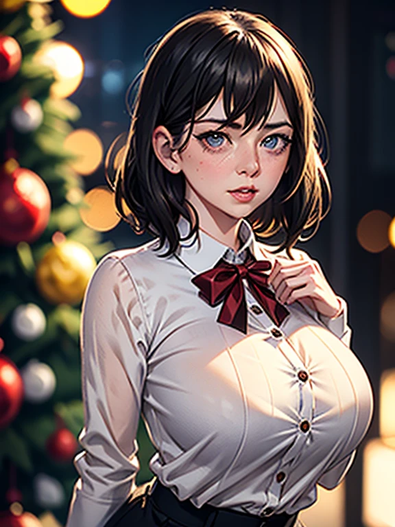 Emma Stone, black_hair, Blur, Blur_background, Blur_ foreground, Bokeh, chest, brown_eye, button_gap, buttons,  Christmas_tree,  clevis, collared_ shirt,  cosplay_photograph, Depth_of_Field, big_chest, lips,