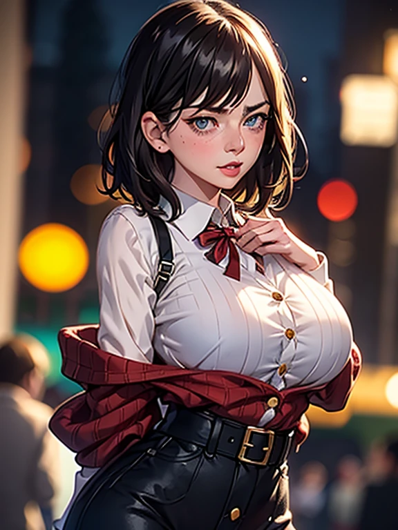 Emma Stone, black_hair, Blur, Blur_background, Blur_ foreground, Bokeh, chest, brown_eye, button_gap, buttons,  Christmas_tree,  clevis, collared_ shirt,  cosplay_photograph, Depth_of_Field, big_chest, lips,