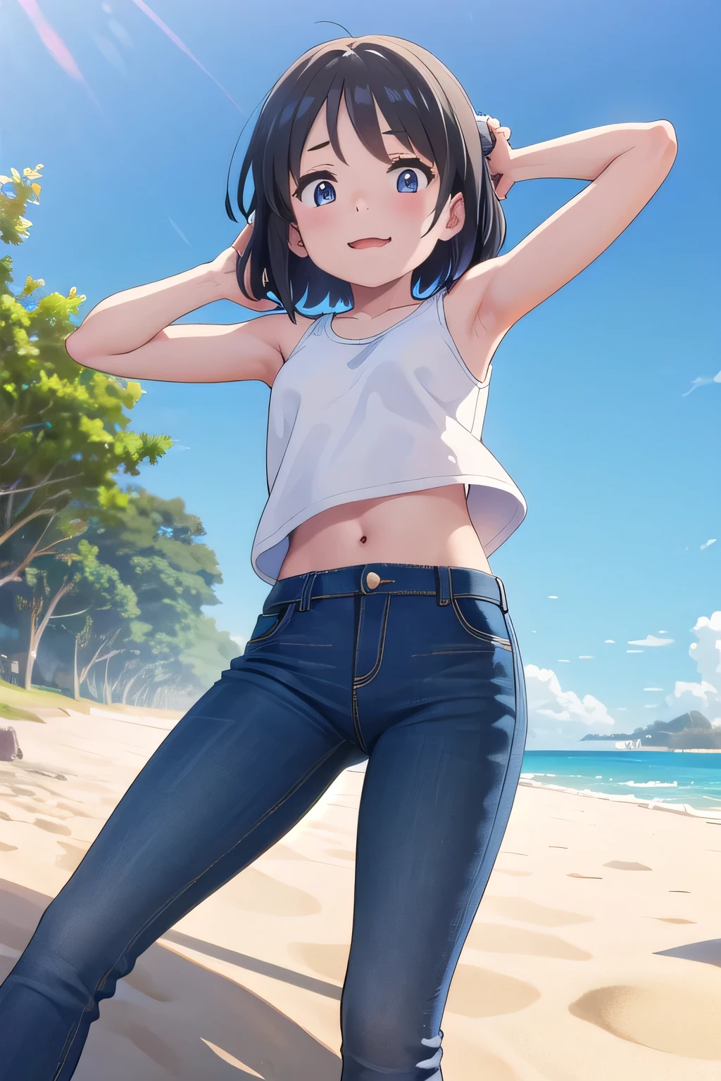 masterpiece,best quality,ultra detail,1girl, yo,pee, smile happily,background((under the beach, (day:1.2), under sand beach, bright sky)), {miyamizu_mitsuha_kimi_no_na_wa.:1.15}, Raise your arms and bring them behind your head, white tank top, white crop top, jeans, blue pants, (flares jeans 1:1), blue jeans, sex pose, (legs spread:3:1), orgasm, from below