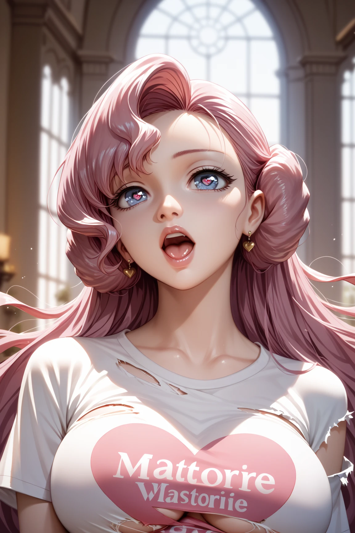    score_9, score_8_up, score_7_up,score_6_up,score_5_up,((masterpiece)), (( best quality)), (( high definition )), a girl ,solo , bitch , heart shaped eyes , open her mouth , torn T-shirt ,big breast,euphemia li britannia,pink long hair